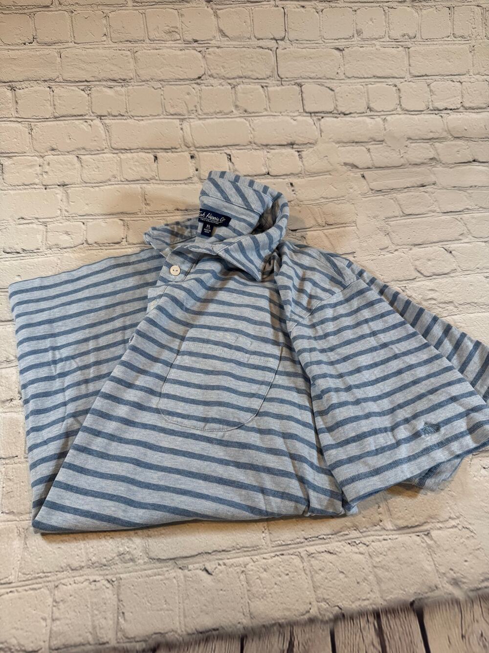 Fish Hippie Co. Men's XL Striped Polo Shirt Blue Gray Chest Pocket Fish Logo